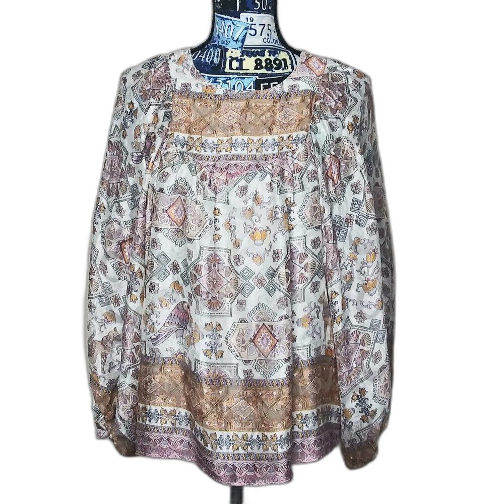 ANTHROPOLOGIE Floral Silk‎ Top Ornamental Egyptian Cat Bird Balloon Sleeves Sz M